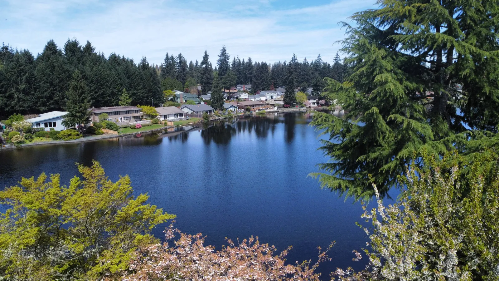 Twin Lakes in Federal Way, Washington, seen from the air, with lakefront homes along the shoreline