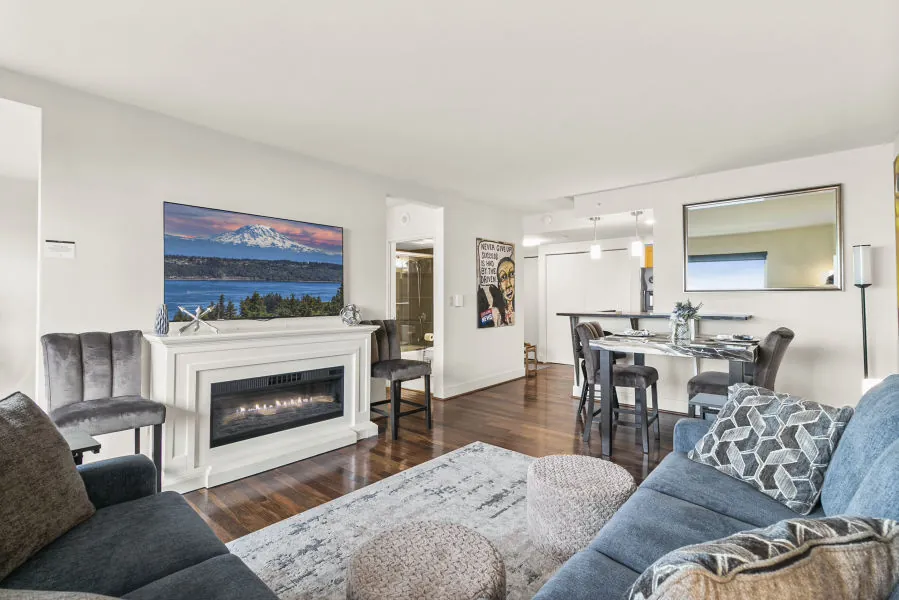 OceanView condo living room with Elliott Bay views