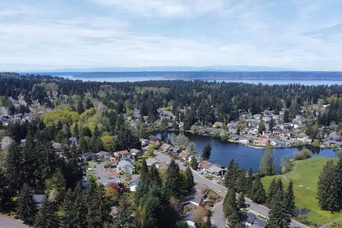 Aerial view of the Twin Lakes neighborhood in Federal Way, with Puget Sound in the distance