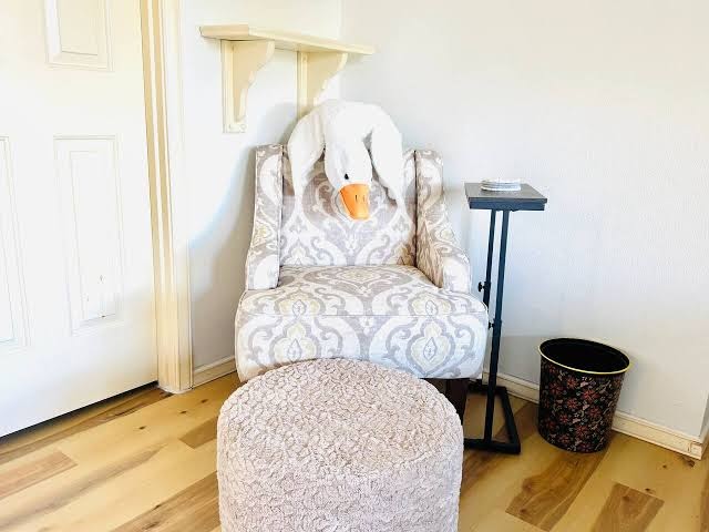 Lakeside Retreat bedroom reading chair and ottoman